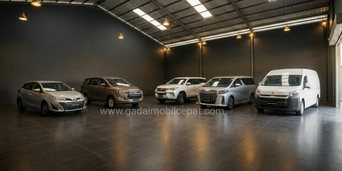 Inspeksi fisik ragam kategori kendaraan penumpang dan armada komersial Toyota di fasilitas indoor storage Gadai Mobil Cepat Kemayoran.