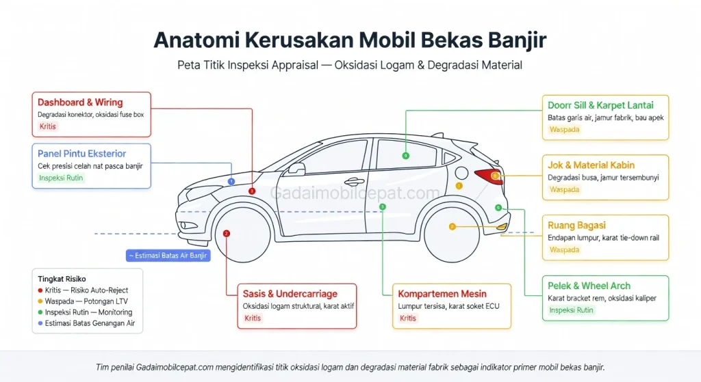 Infografik diagram titik inspeksi mobil bekas banjir oleh tim appraisal