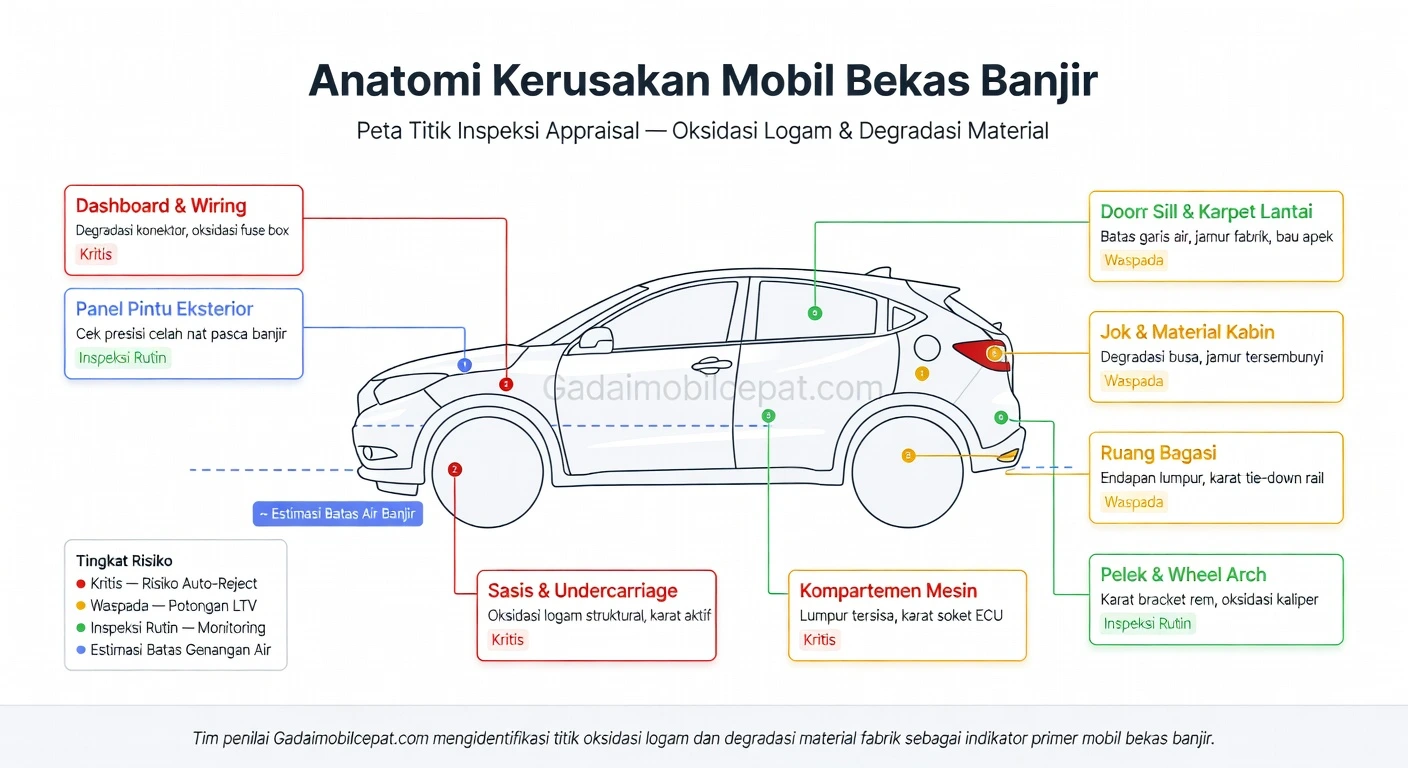 Infografik diagram titik inspeksi mobil bekas banjir oleh tim appraisal