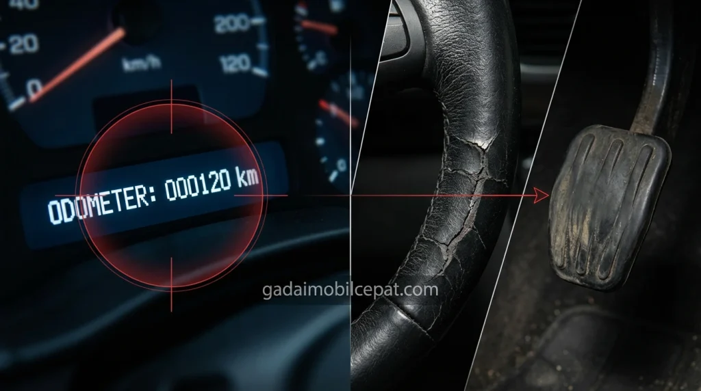 Perbandingan keausan setir mobil dengan odometer putaran palsu.