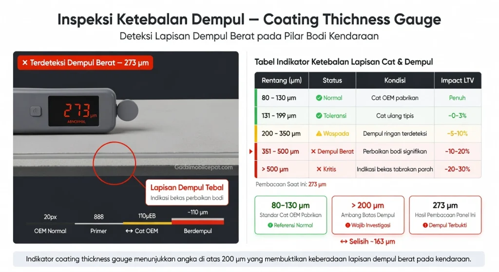 Proses cek ketebalan dempul pada pilar mobil menggunakan alat coating thickness gauge digital.