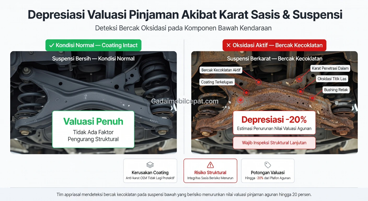 Inspeksi bercak kecoklatan pada suspensi mobil untuk menentukan plafon pinjaman agunan