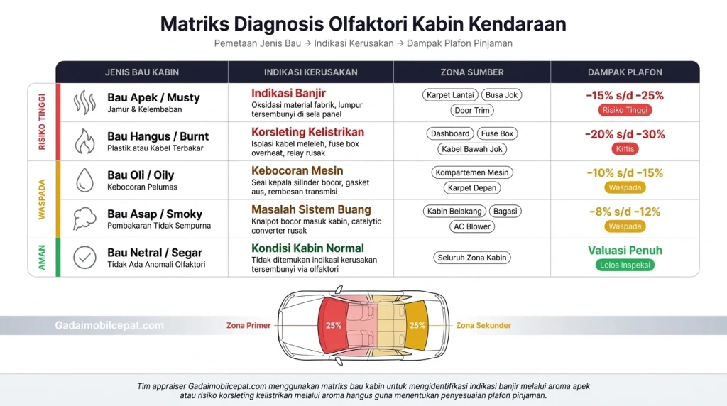 Infografik matriks bau kabin untuk deteksi kerusakan tersembunyi pada mobil agunan.