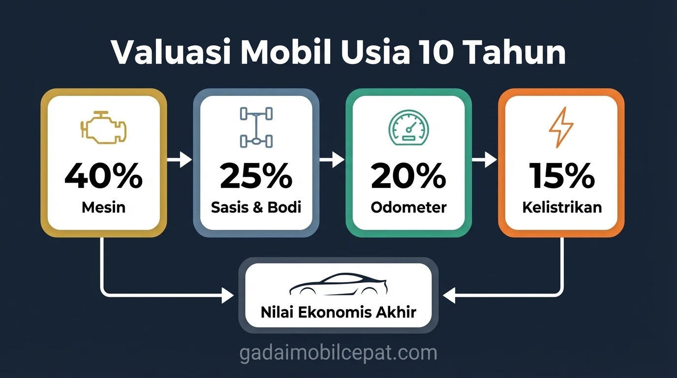 Diagram parameter penilaian valuasi mobil bekas usia 10 tahun.