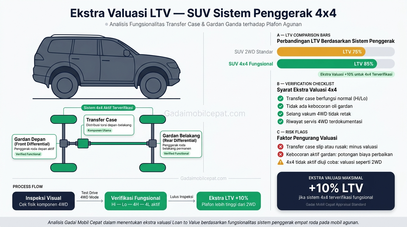 Penaksir memeriksa komponen sistem transmisi gardan ganda mobil SUV 4x4.