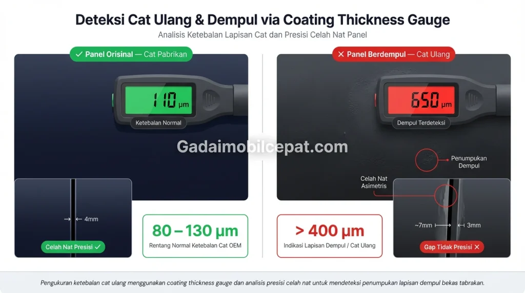 Alat ukur ketebalan cat mendeteksi dempul bodi mobil bekas.
