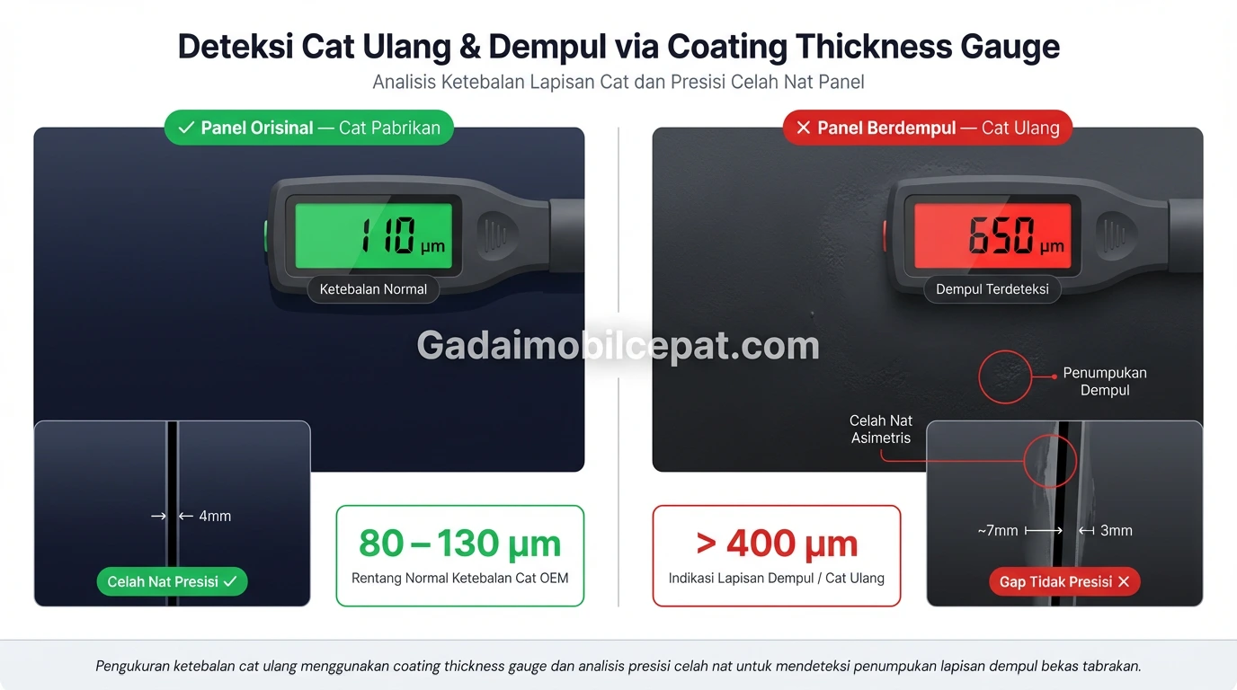 Alat ukur ketebalan cat mendeteksi dempul bodi mobil bekas.