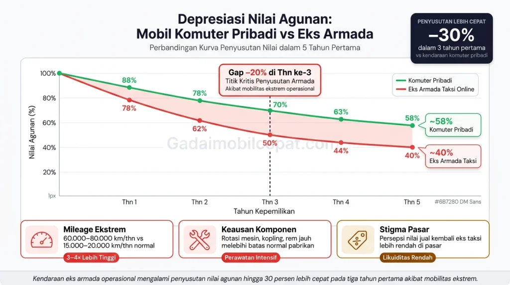 Infografik perbandingan tingkat depresiasi mobil komuter pribadi dengan mobil eks armada taksi online.