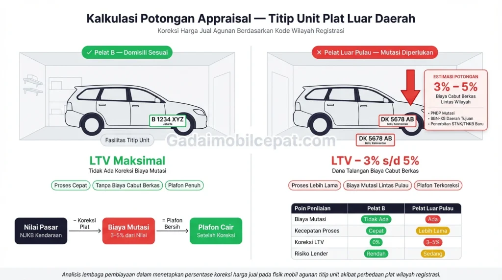 Penaksir menghitung valuasi objek agunan mobil fisik plat luar daerah.