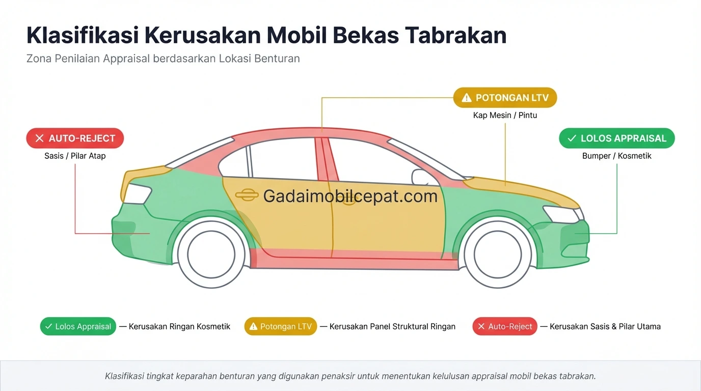 Diagram kriteria kelulusan gadai mobil bekas kecelakaan.