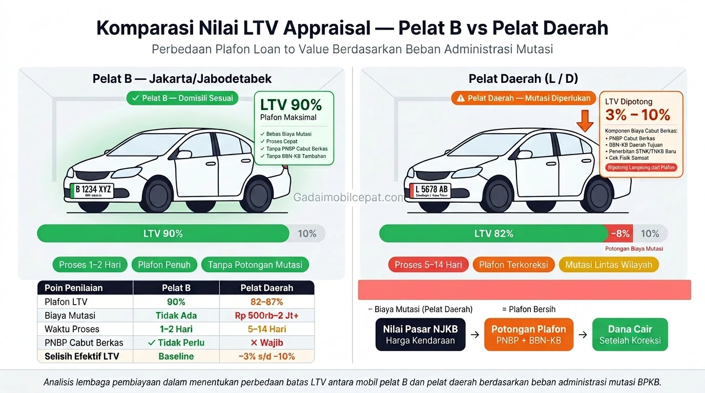 Penaksir menghitung selisih valuasi agunan mobil pelat Jabodetabek dan pelat luar daerah.