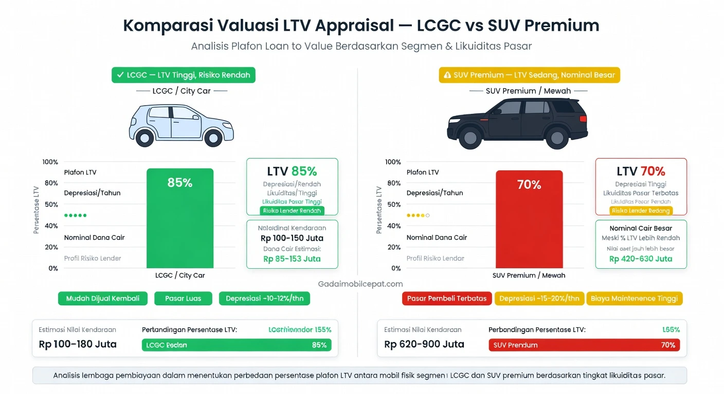 Penaksir membandingkan nilai valuasi agunan fisik mobil LCGC dan SUV Mewah.