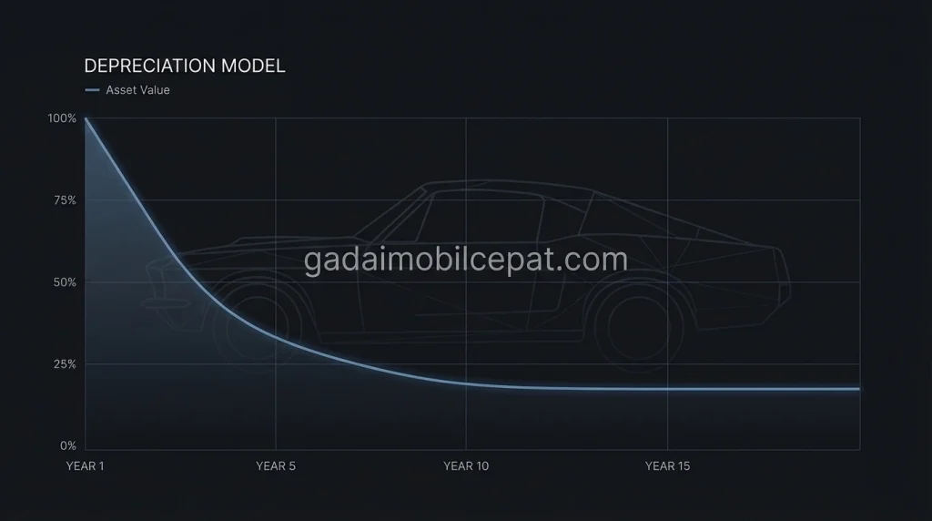 Diagram kurva depresiasi valuasi harga mobil bekas.