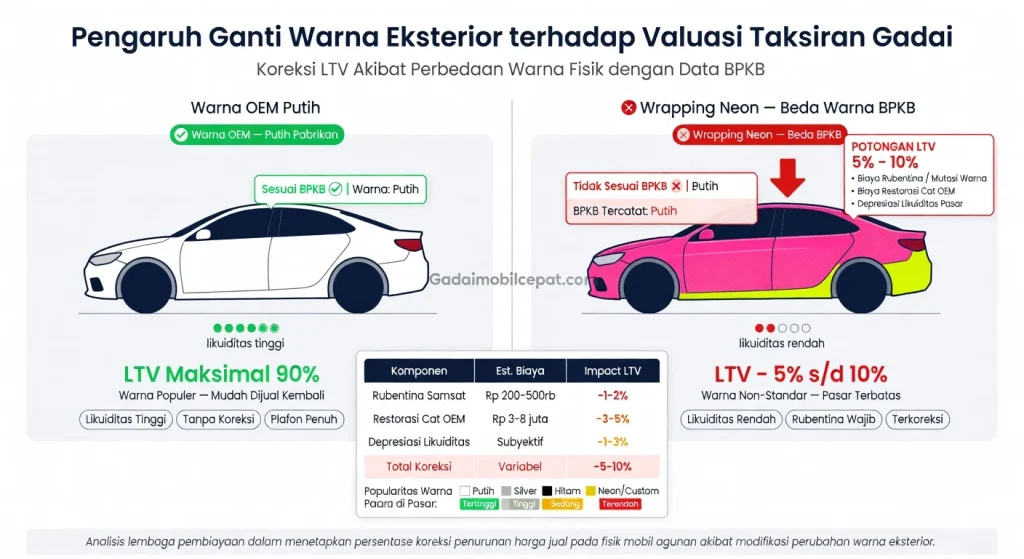 Penaksir menghitung depresiasi valuasi objek agunan mobil fisik beda warna BPKB.