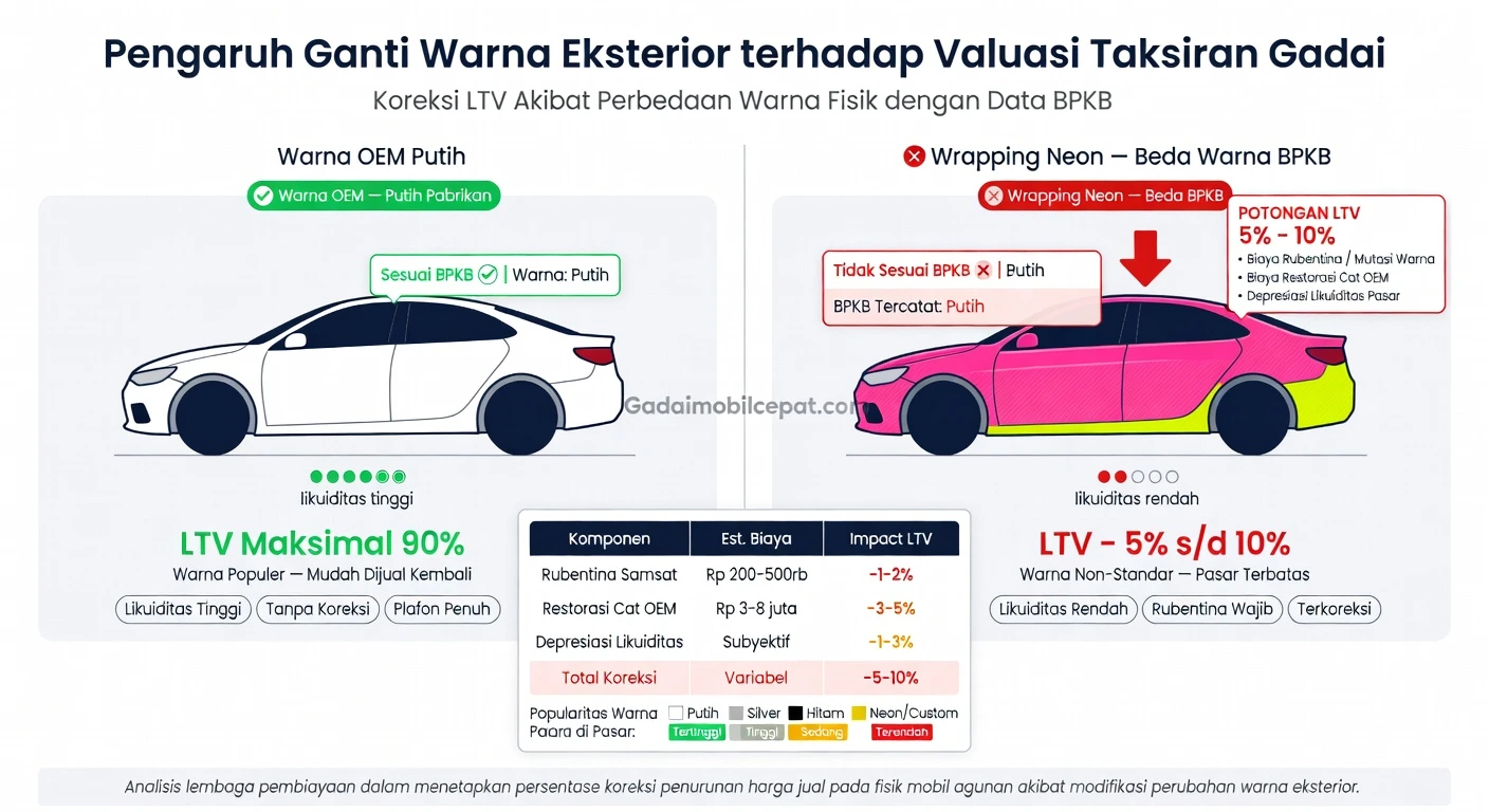 Penaksir menghitung depresiasi valuasi objek agunan mobil fisik beda warna BPKB.
