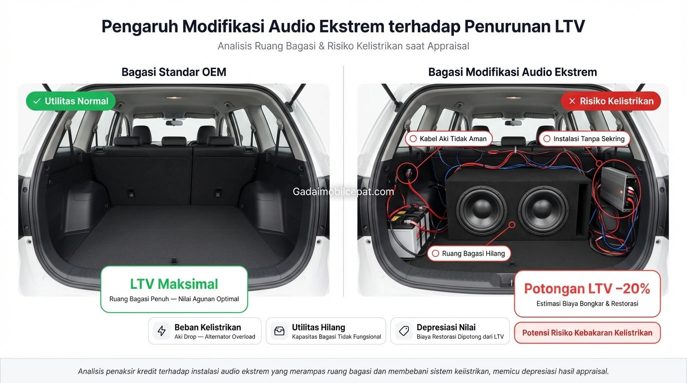 Taksiran harga mobil bekas dengan modifikasi audio kabin ekstrem.