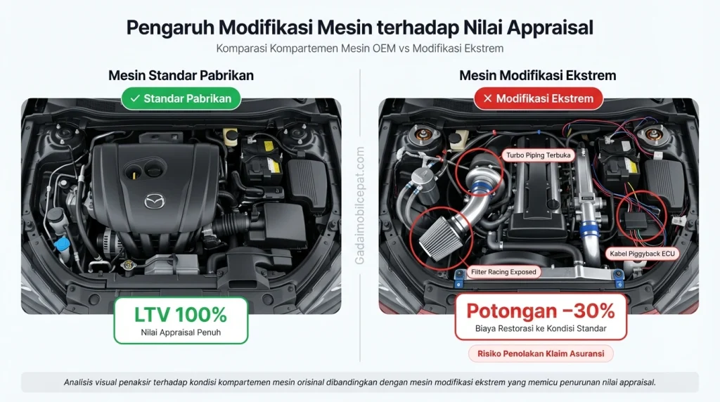 Perbandingan ruang mesin mobil modifikasi dengan mesin standar pabrikan saat proses appraisal.