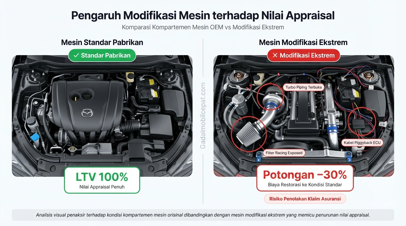 Perbandingan ruang mesin mobil modifikasi dengan mesin standar pabrikan saat proses appraisal.