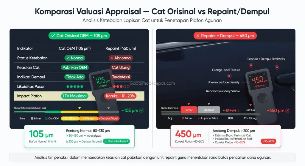 Perbedaan taksiran harga mobil cat asli dan mobil cat ulang saat appraisal.