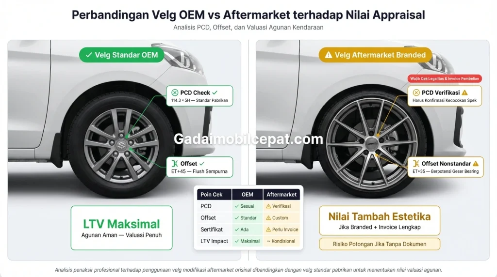 Komparasi velg standar pabrikan dan velg racing modifikasi saat taksir harga mobil.