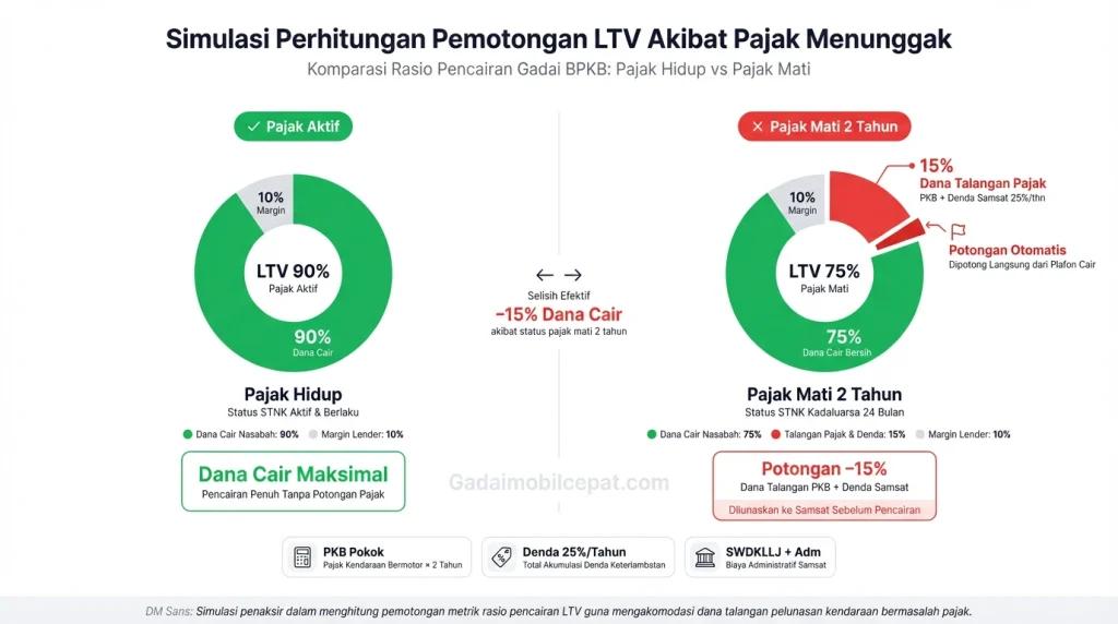 Kalkulasi penurunan batas pencairan gadai BPKB akibat pemotongan LTV untuk pajak mobil mati.