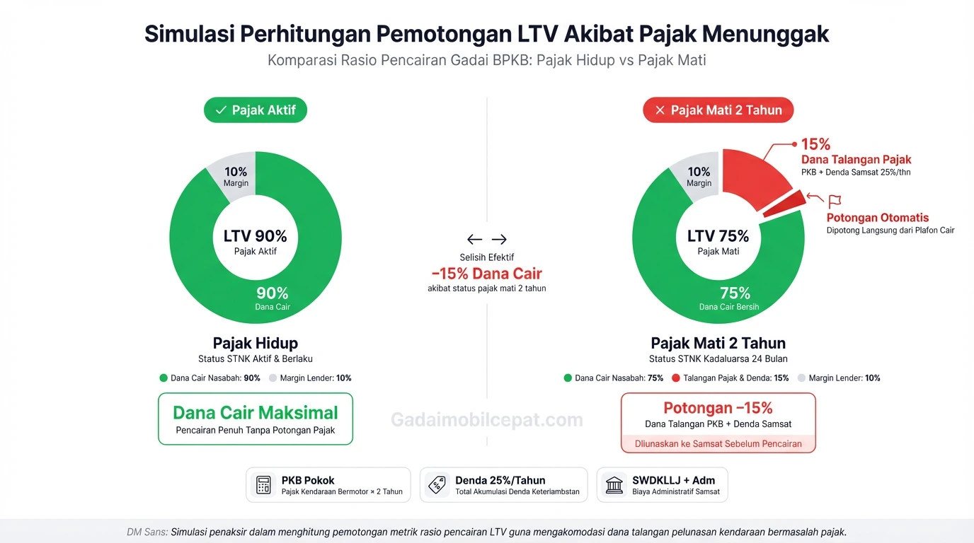 Kalkulasi penurunan batas pencairan gadai BPKB akibat pemotongan LTV untuk pajak mobil mati.