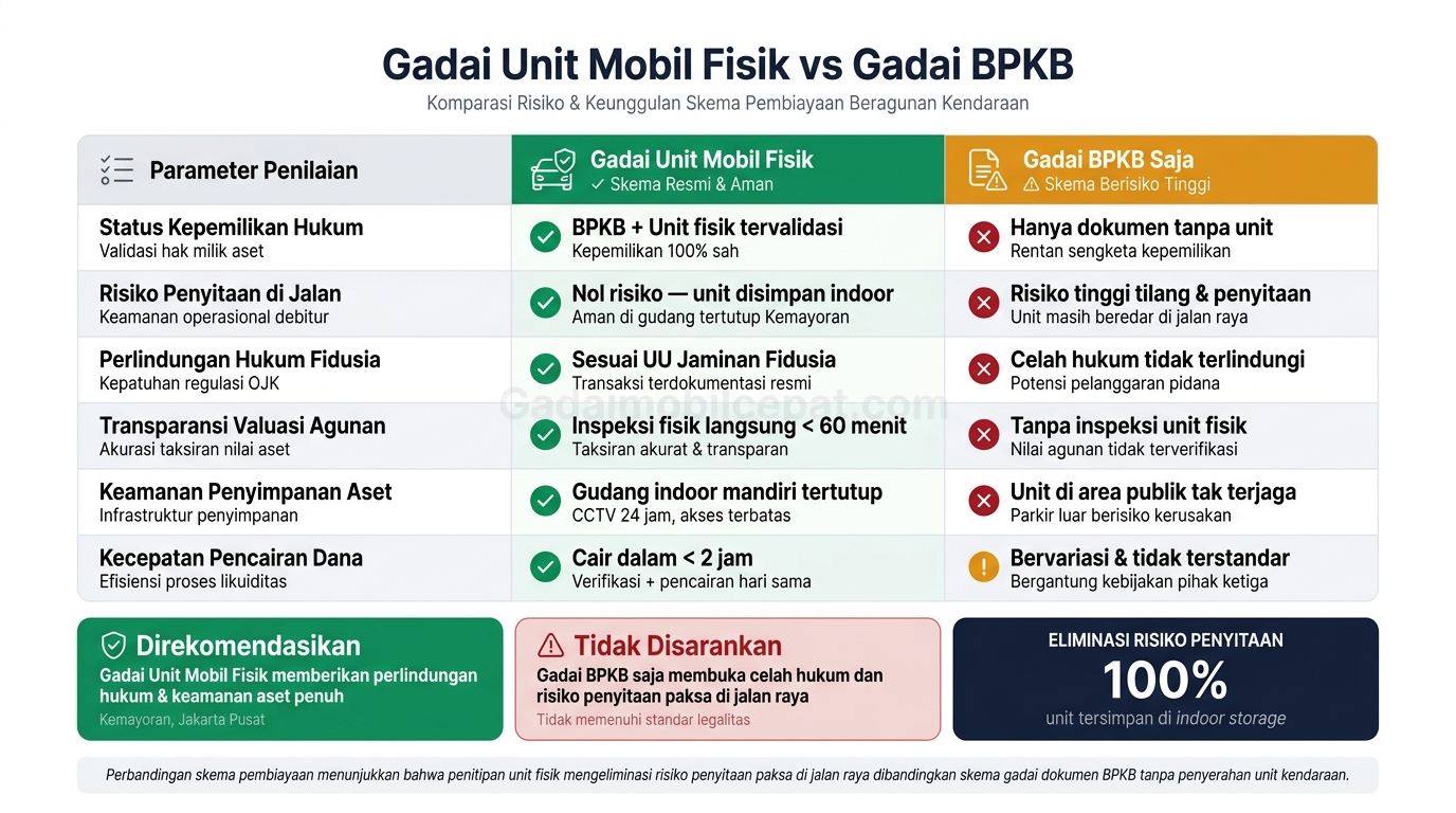 Tabel komparasi risiko dan keunggulan skema gadai unit mobil fisik dibandingkan gadai dokumen BPKB
