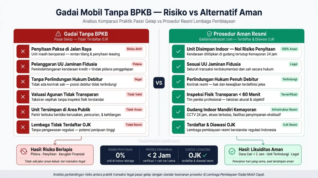  Infografik perbandingan risiko gadai mobil tanpa BPKB di pasar gelap versus prosedur aman di Gadai Mobil Cepat.