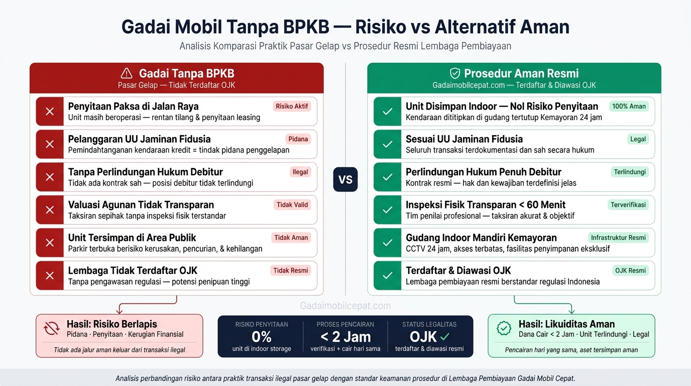  Infografik perbandingan risiko gadai mobil tanpa BPKB di pasar gelap versus prosedur aman di Gadai Mobil Cepat.