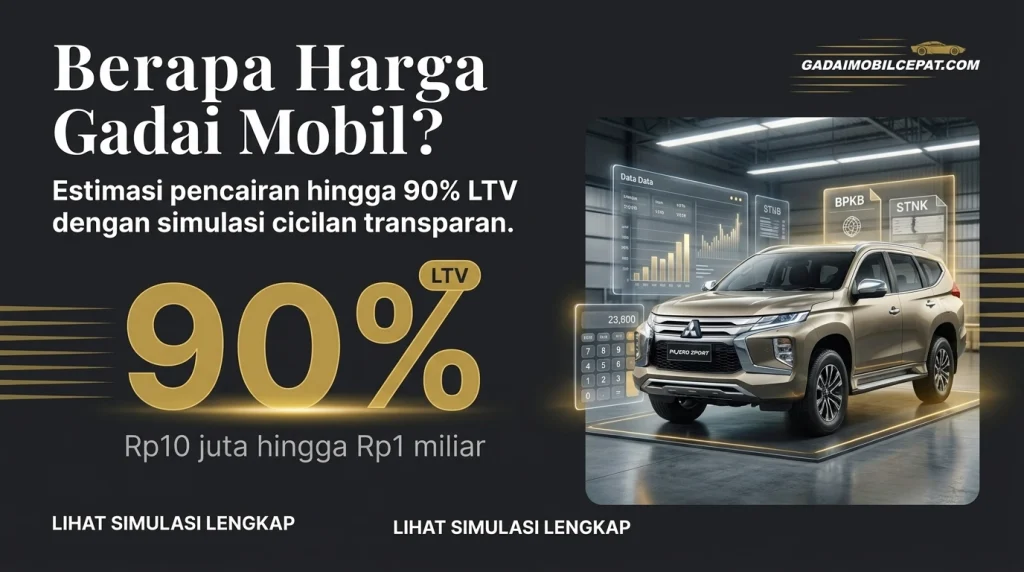 Harga pinjaman gadai bpkb mobil beserta unit fisik di Gadai Mobil Cepat mencapai 90% LTV dari nilai pasar. Cek simulasi cicilan dengan bunga 6% flat.