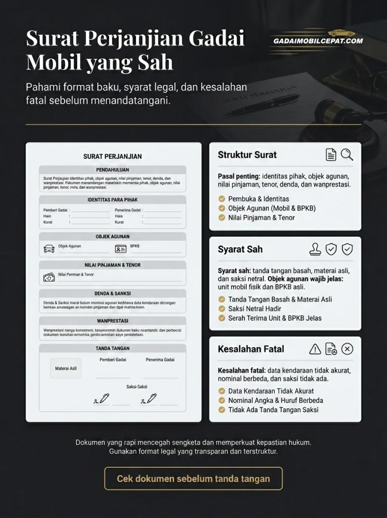 Infografik format baku surat perjanjian gadai mobil beserta tata letak pasal legalitas hukum dan area tanda tangan materai.