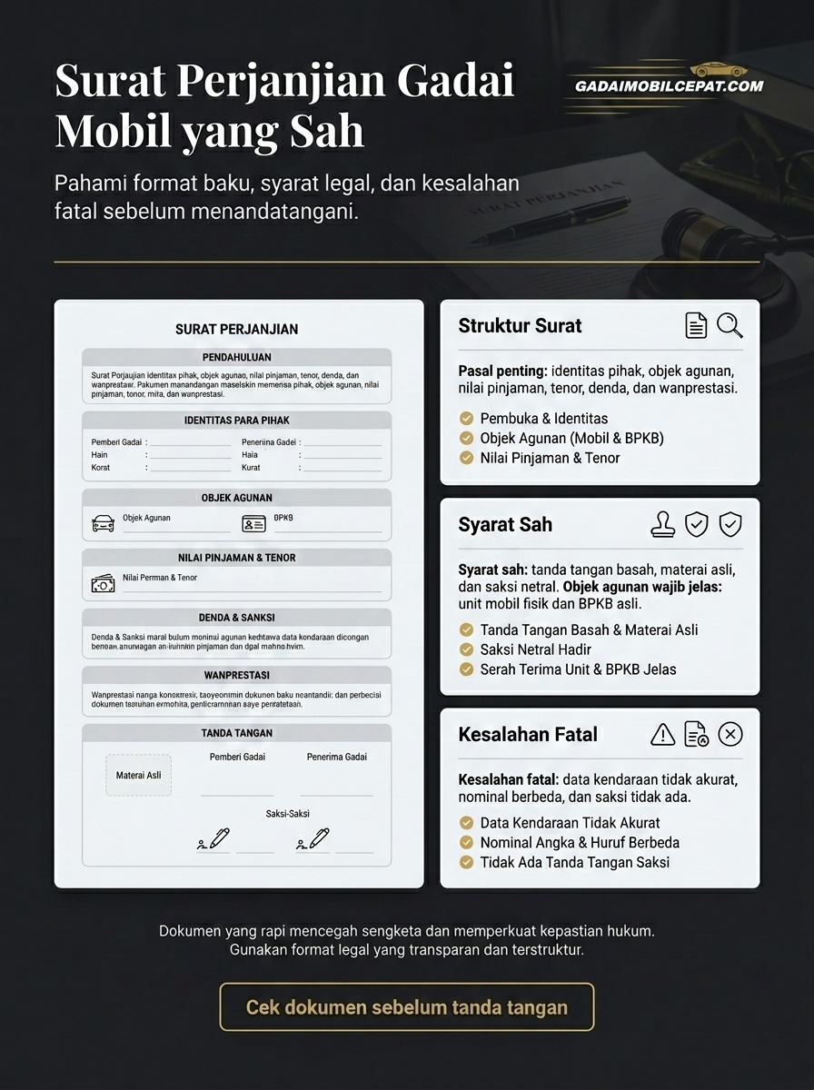 Infografik format baku surat perjanjian gadai mobil beserta tata letak pasal legalitas hukum dan area tanda tangan materai.