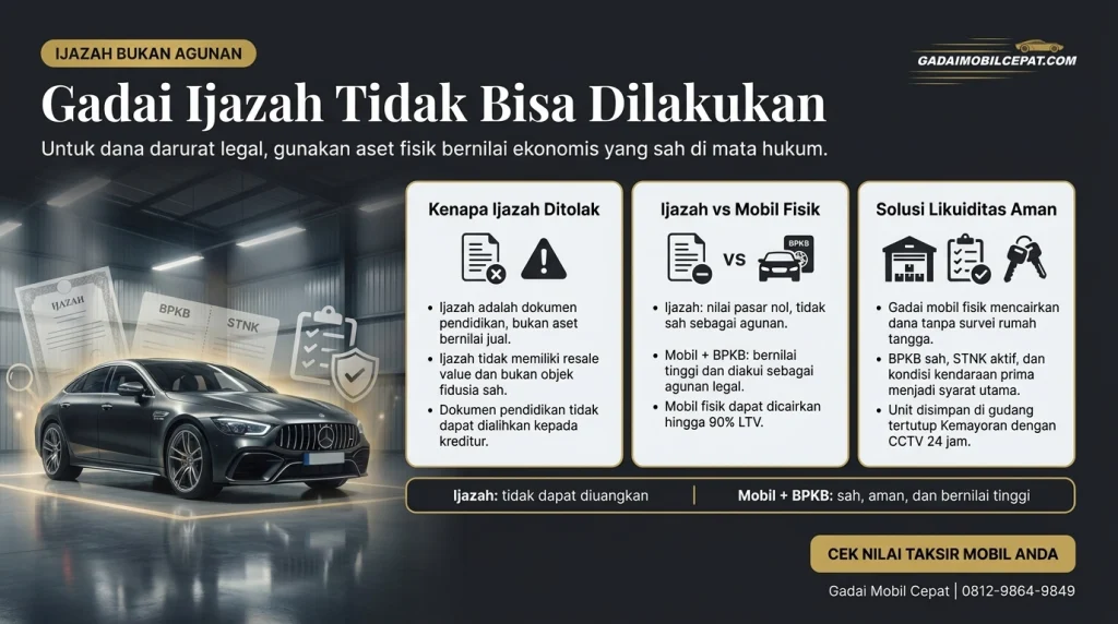 Perbandingan gadai ijazah yang mustahil dilakukan berbanding dengan solusi gadai mobil fisik di Gadai Mobil Cepat.