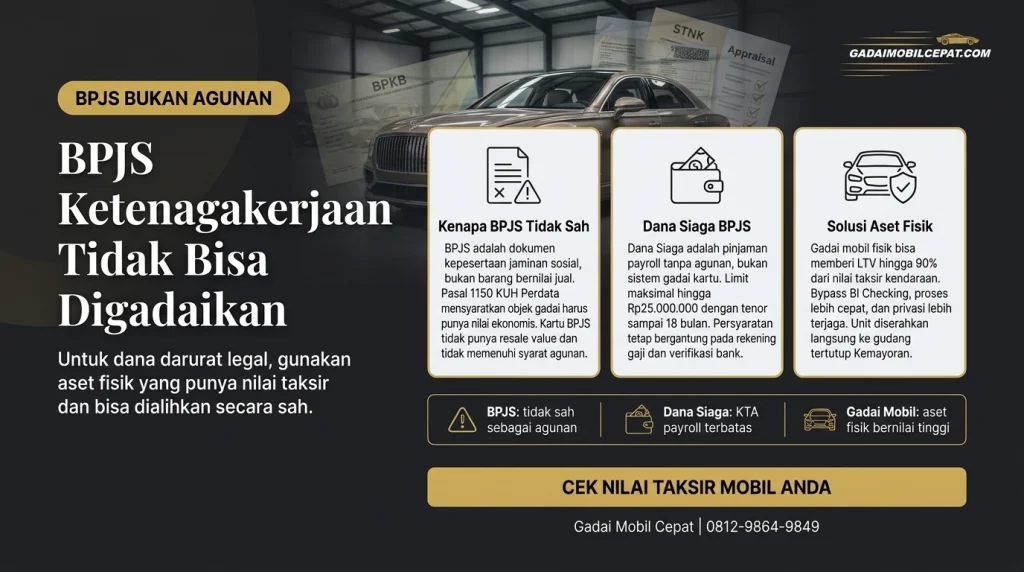 Infografik perbandingan antara fasilitas dana siaga BPJS Ketenagakerjaan dan layanan gadai BPKB mobil fisik dengan pencairan LTV 90 persen.