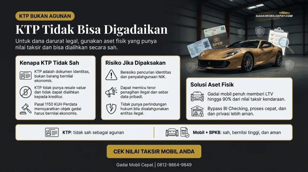 Infografik perbandingan antara KTP sebagai dokumen syarat administrasi dan kendaraan mobil fisik sebagai instrumen agunan pencairan dana tunai.
