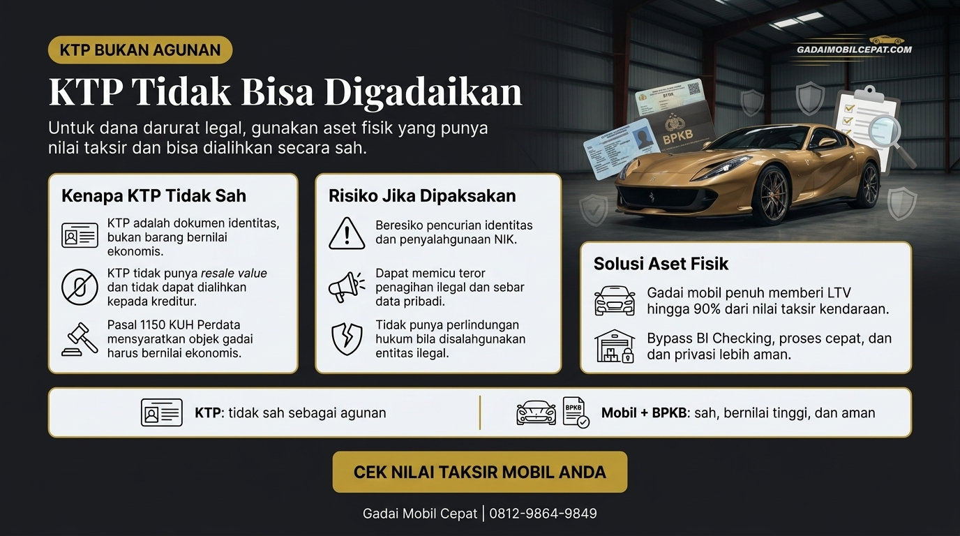 Infografik perbandingan antara KTP sebagai dokumen syarat administrasi dan kendaraan mobil fisik sebagai instrumen agunan pencairan dana tunai.