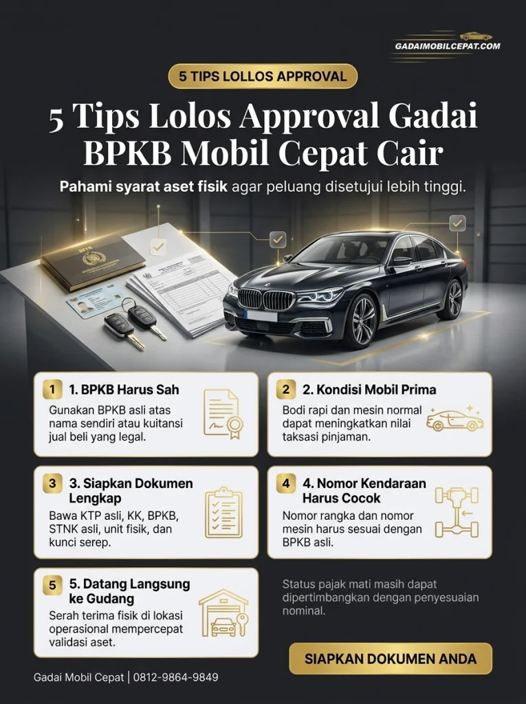 Infografik 5 kriteria utama persetujuan gadai mobil beragunan fisik tanpa BI checking dan menerima pajak mati.