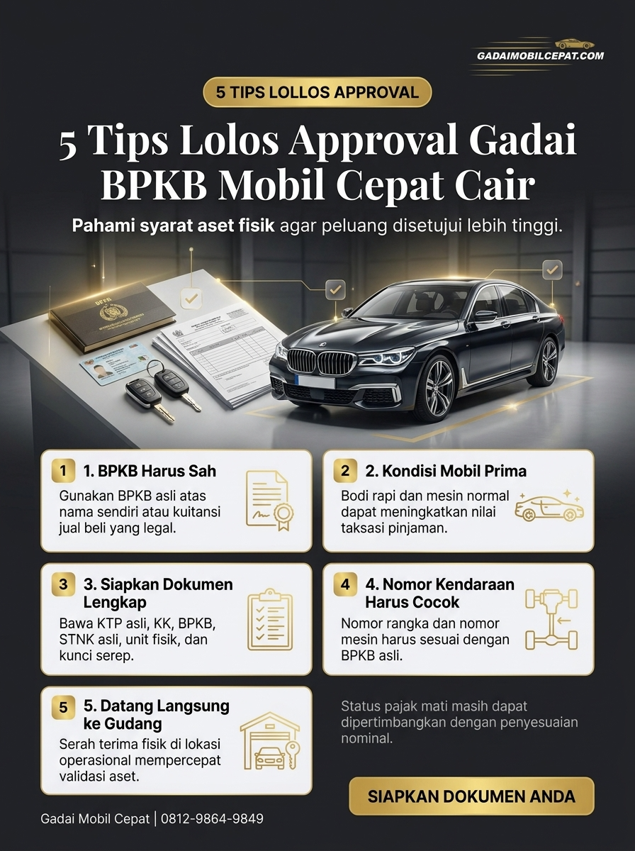 Infografik 5 kriteria utama persetujuan gadai mobil beragunan fisik tanpa BI checking dan menerima pajak mati.