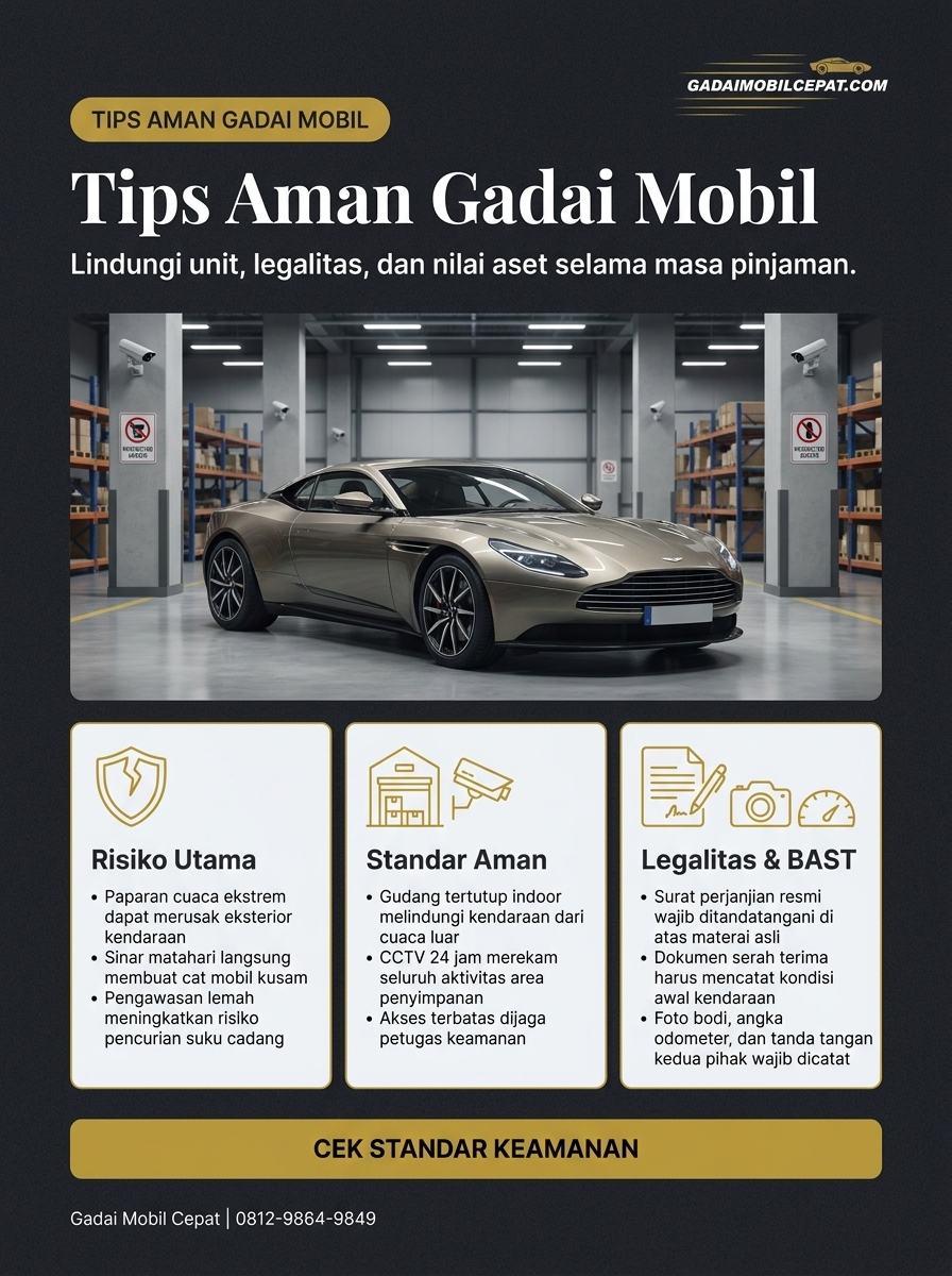 Infografik panduan tips aman gadai mobil melalui inspeksi fasilitas gudang tertutup dan legalitas dokumen.