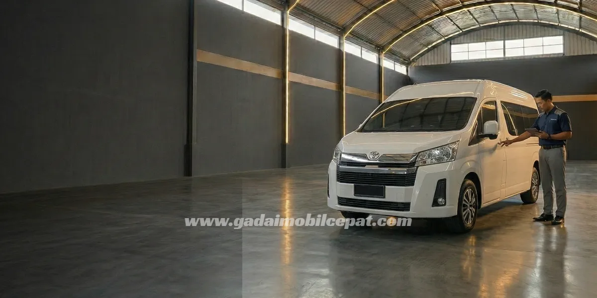 Inspeksi fisik armada niaga Minibus Toyota Hiace Commuter di fasilitas indoor storage komersial Gadai Mobil Cepat Kemayoran.