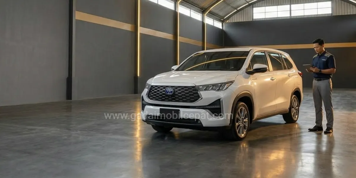 Inspeksi fisik unit Medium MPV Toyota Innova Zenix Hybrid di fasilitas indoor storage Gadai Mobil Cepat Kemayoran.