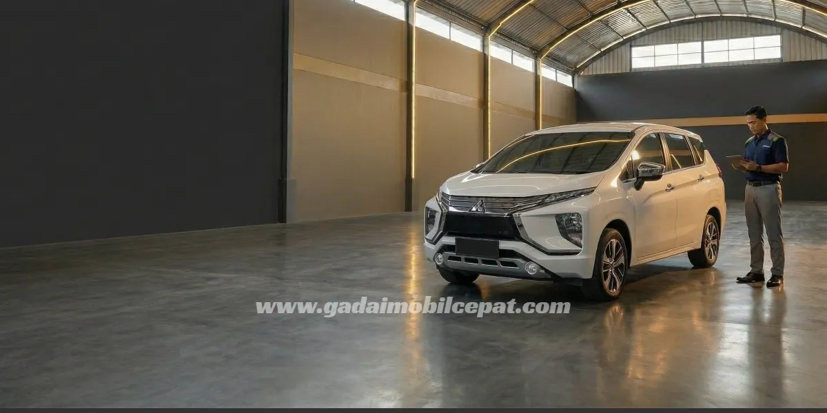 Inspeksi fisik unit Low MPV Mitsubishi Xpander di fasilitas indoor storage Gadai Mobil Cepat Kemayoran