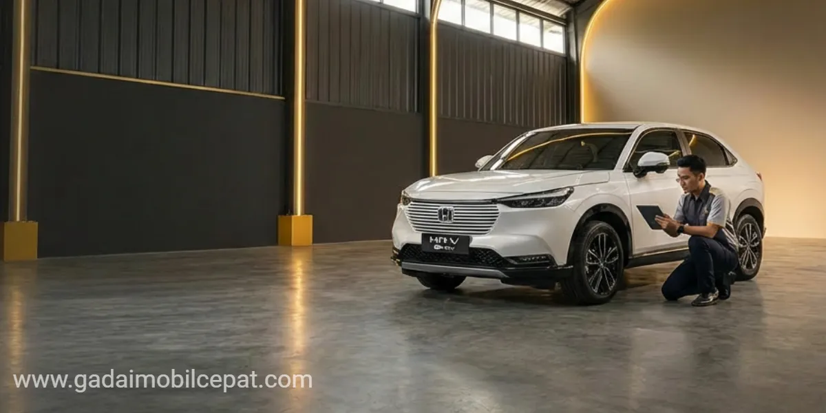 Inspeksi fisik unit Urban SUV Honda HR-V RS Turbo di fasilitas indoor storage Gadai Mobil Cepat Kemayoran.