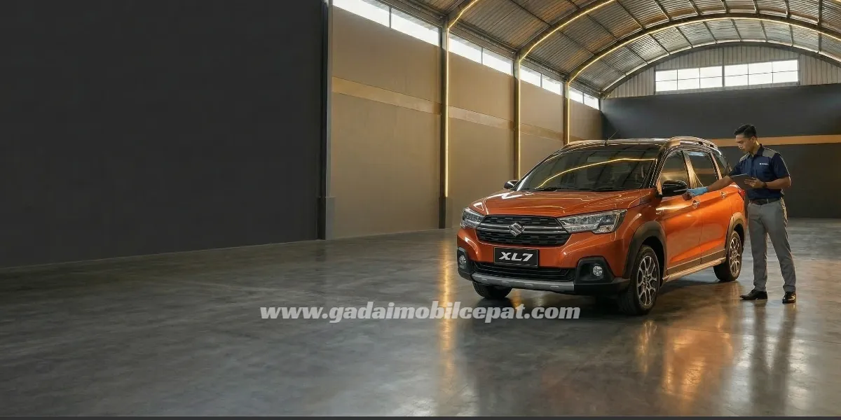 Inspeksi sistem hybrid SHVS dan valuasi gadai Suzuki XL7 di fasilitas indoor storage Kemayoran Jakarta
