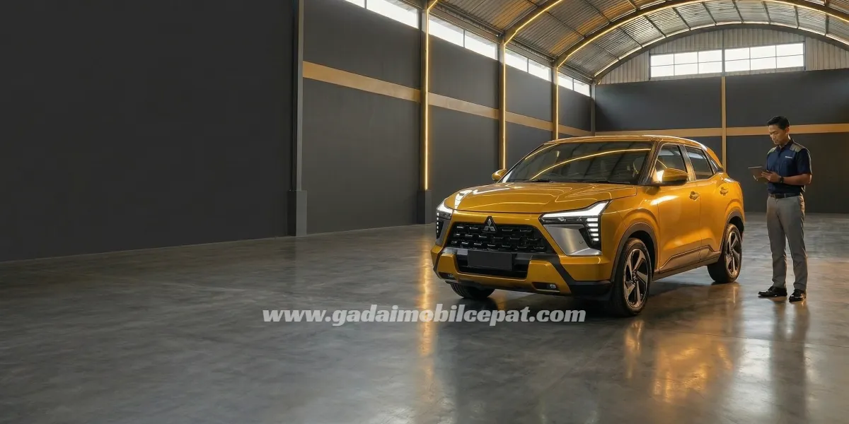 Inspeksi fisik unit Compact SUV Mitsubishi XForce di fasilitas indoor storage Gadai Mobil Cepat Kemayoran