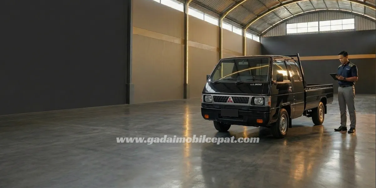 Inspeksi armada komersial Mitsubishi L300 Pick Up di fasilitas indoor storage Gadai Mobil Cepat Kemayoran