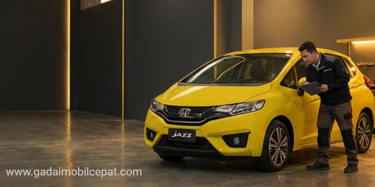 Inspeksi fisik unit Honda Jazz GK5 di fasilitas indoor storage Gadaimobilcepat.com Kemayoran.