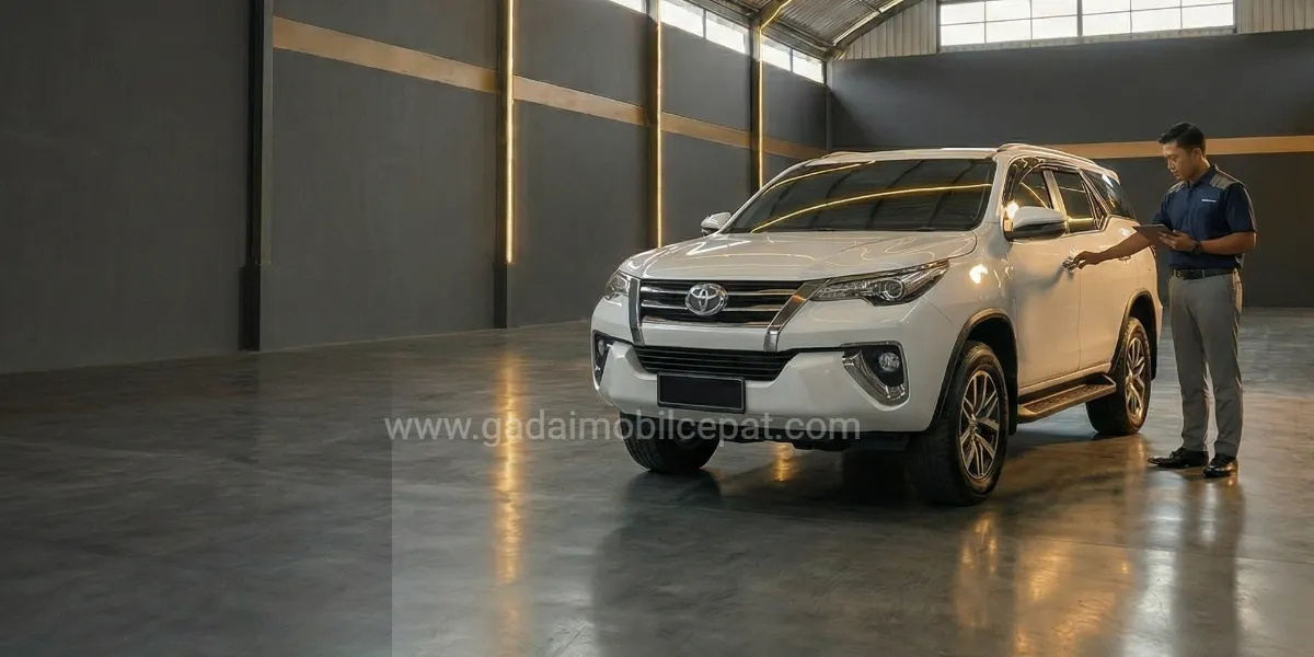Inspeksi fisik unit Ladder Frame SUV Toyota Fortuner di fasilitas indoor storage Gadai Mobil Cepat Kemayoran.