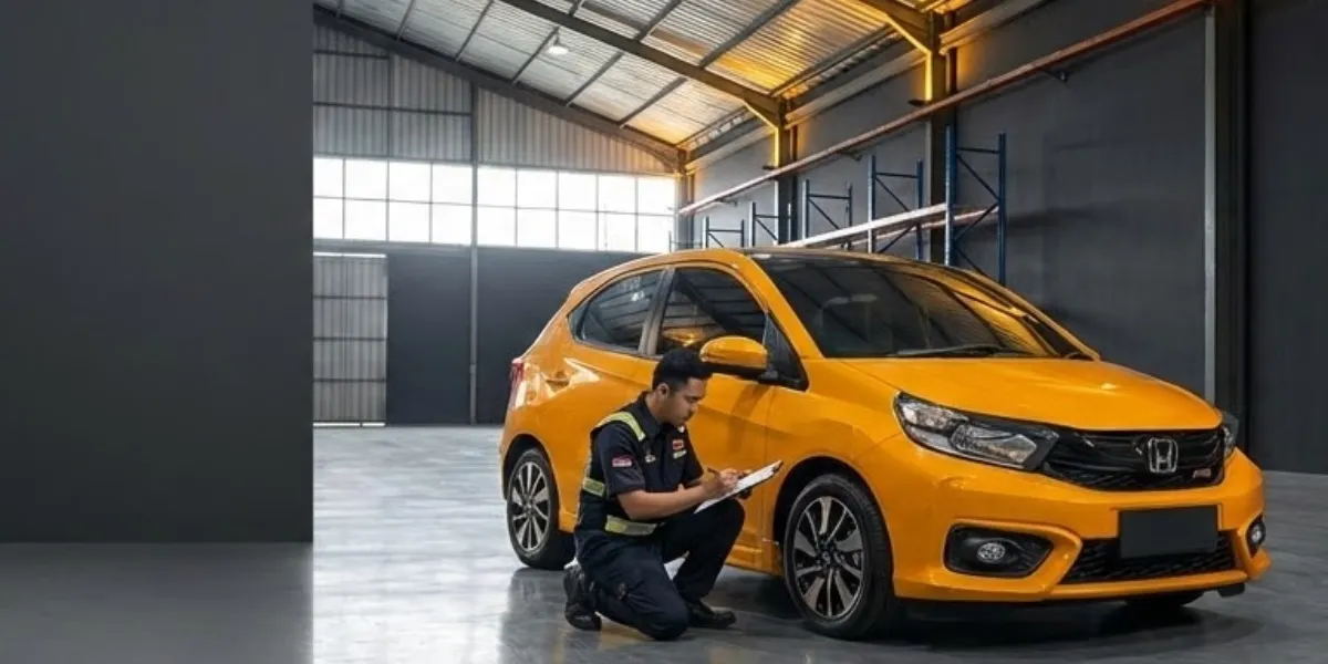 Inspeksi fisik unit Honda Brio RS di fasilitas indoor storage Gadaimobilcepat.com Kemayoran.