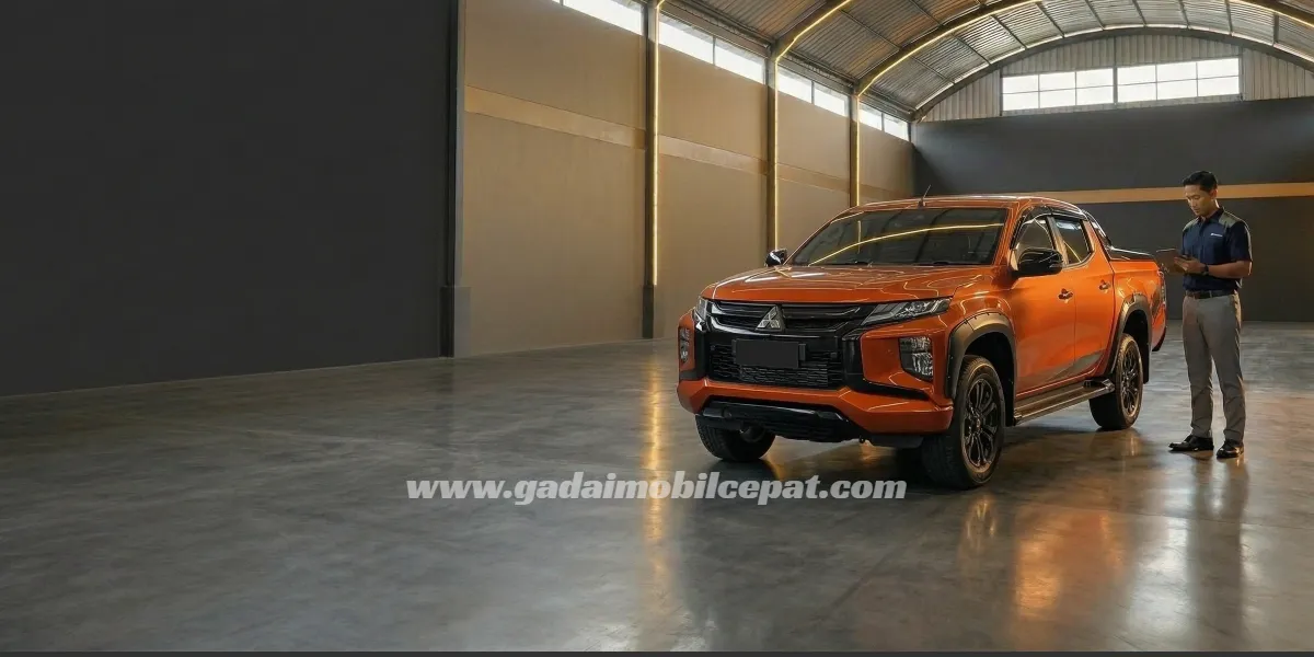 Inspeksi struktural armada Double Cabin Mitsubishi Triton di fasilitas indoor storage Gadai Mobil Cepat Kemayoran